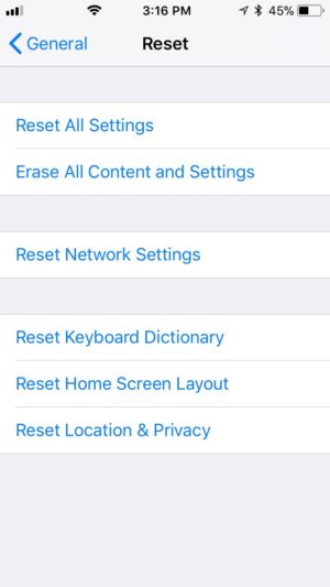 iOS Reset all settings iPhone